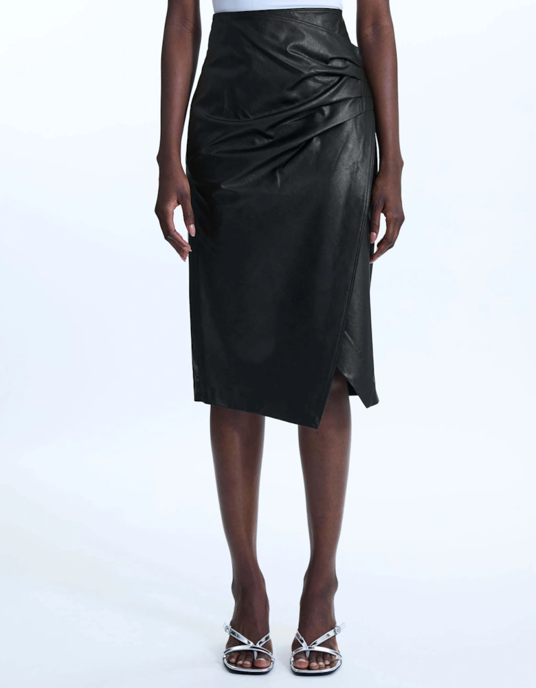 Faux Leather Side Ruched Skirt Black