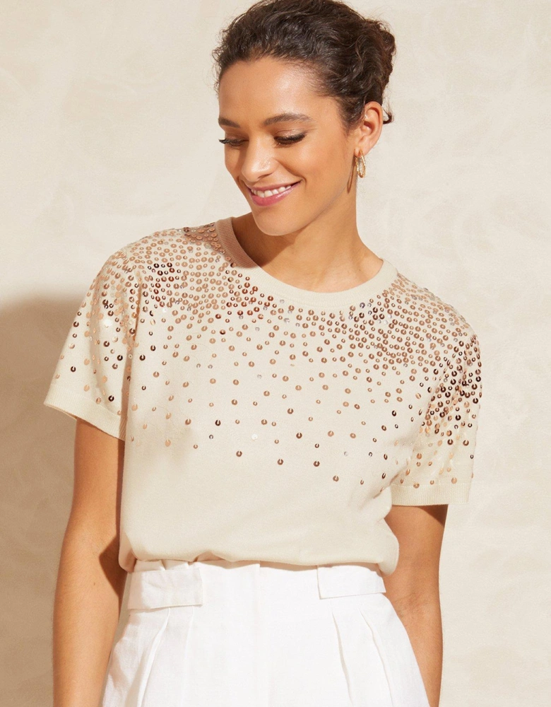 Scattered Sequin Knitted Short Sleeve Top-white