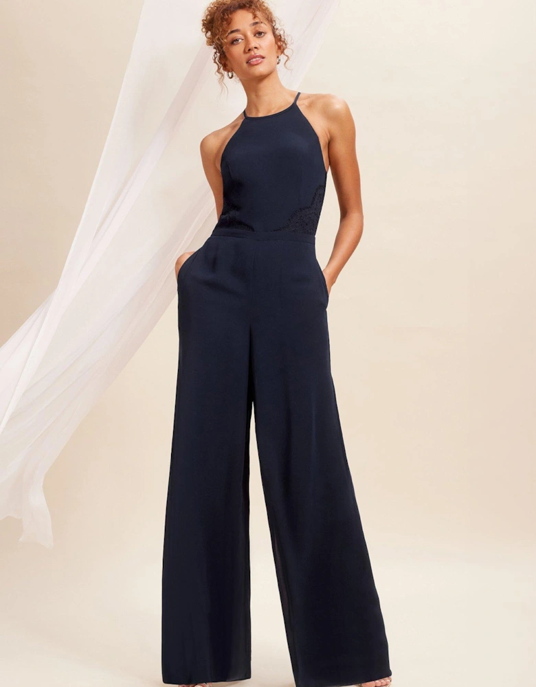 Navy Back Detail Halter Lace Pleated Jumpsuit - Navy