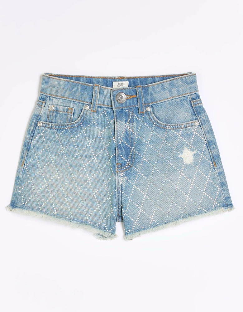 Girls Diamante Denim Shorts - Blue