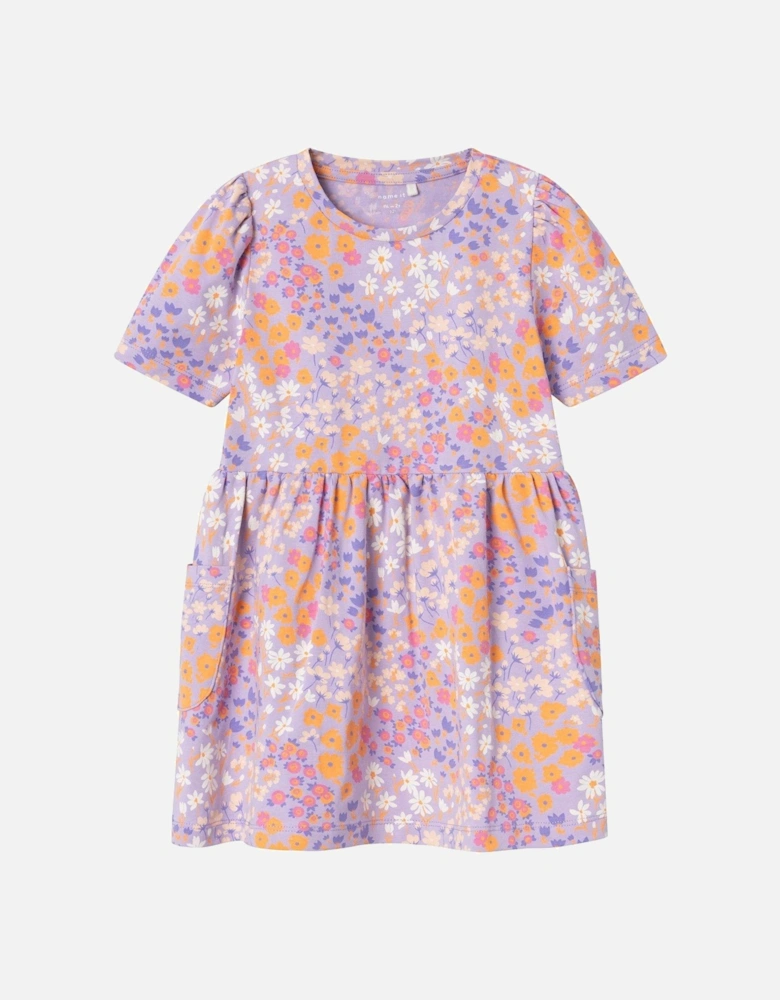 Mini Girls Floral Short Sleeve Dress - Lilac Breeze