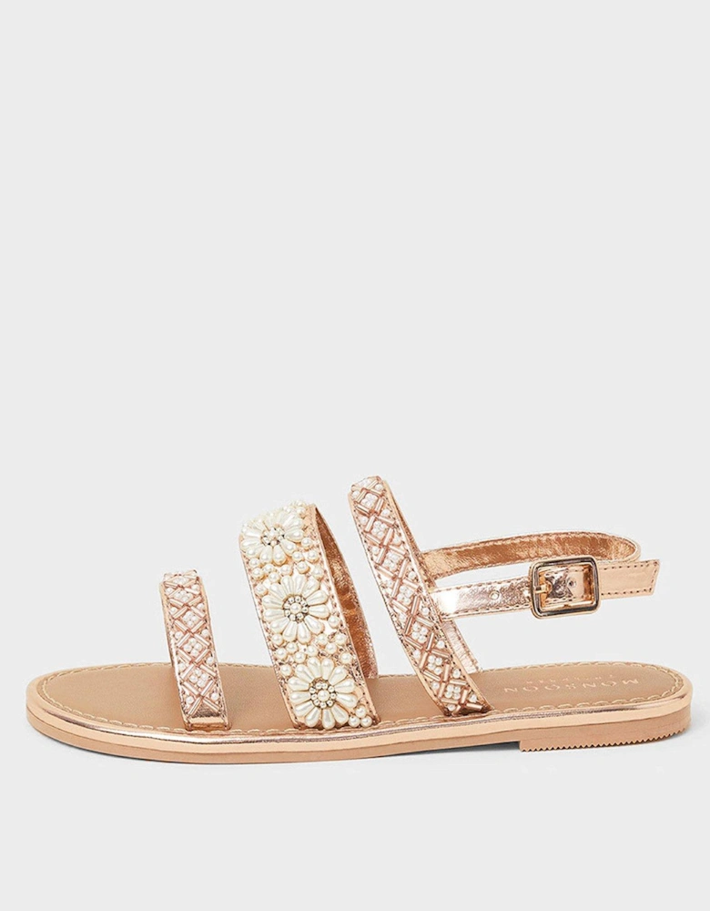 Girls Pearly Beaded Flower Sandals - Rose Gold