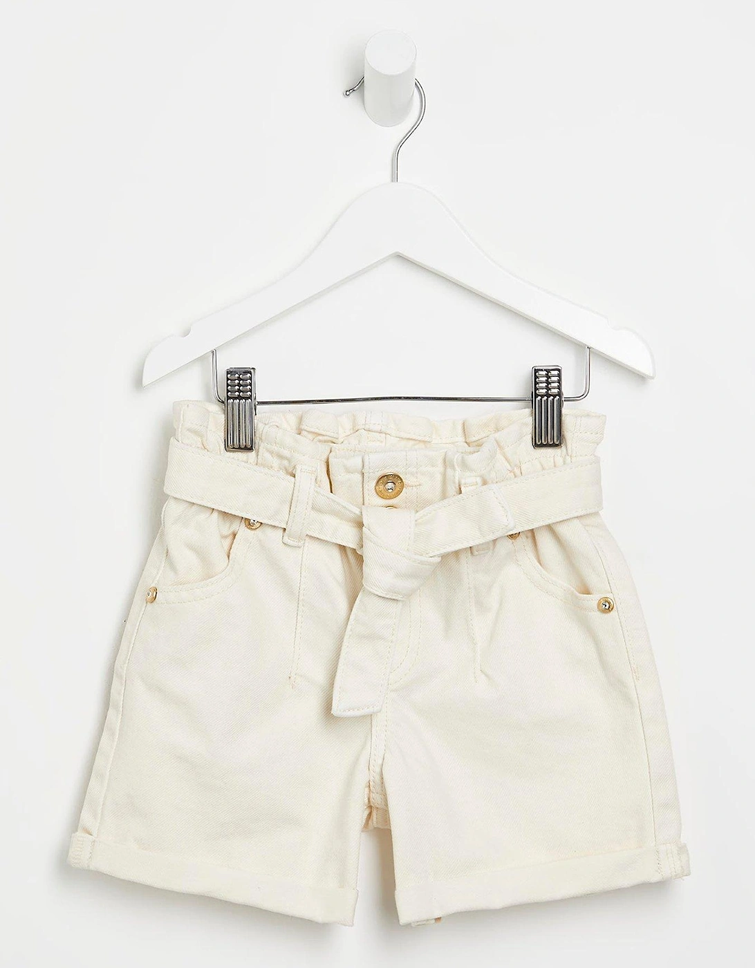Mini Girls Paperbag Belted Shorts - Cream, 4 of 3