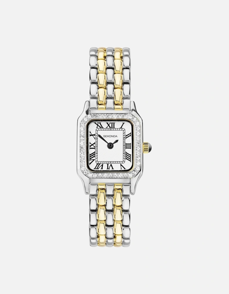 Womens Monica Two Tone Alloy Bracelet with White Dial Analogue Watch