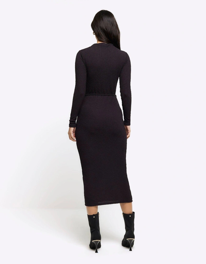 Textured Belted Drape Midi Dress - Black