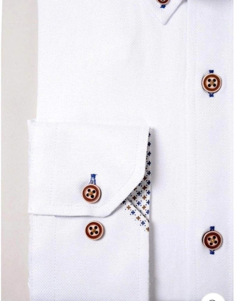 Charlie Oxford Long Sleeve Shirt - White with Tan buttons