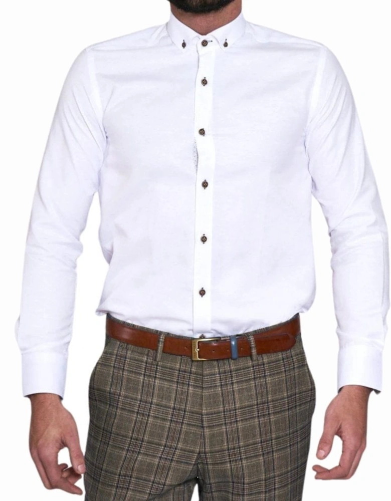 Charlie Oxford Long Sleeve Shirt - White with Tan buttons