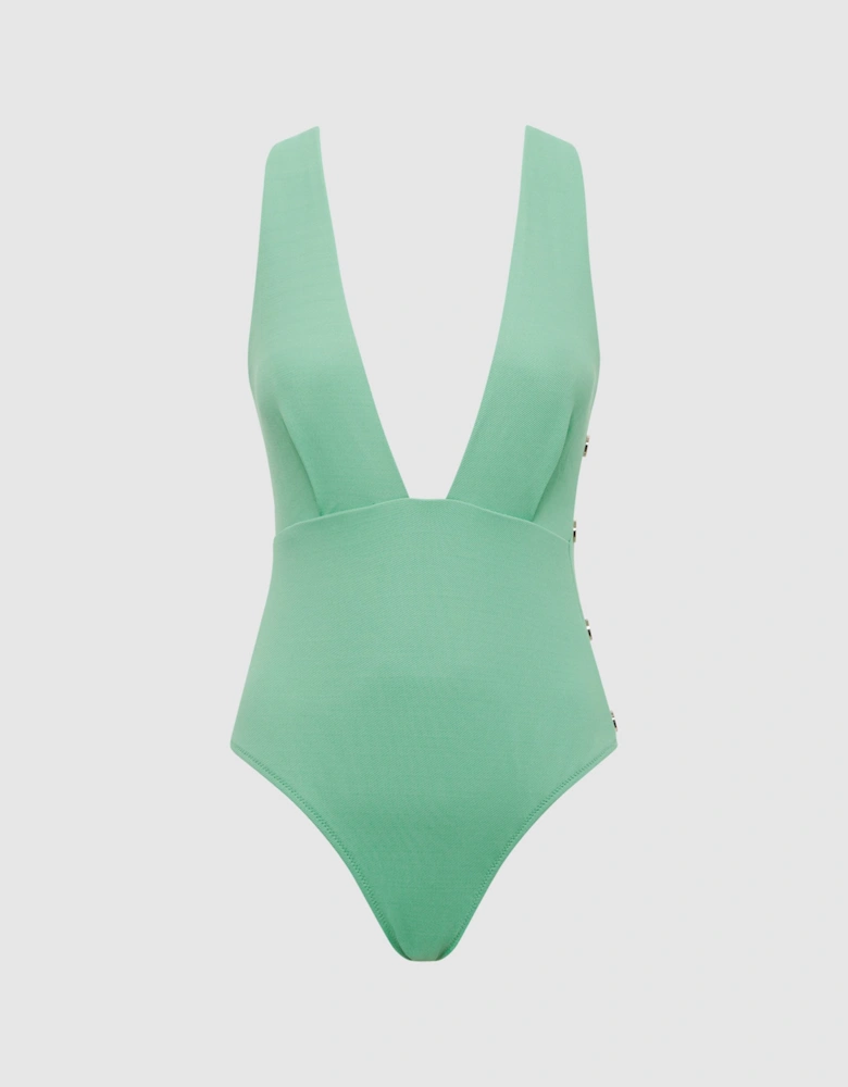 Plunge Swimsuit With Button Detail