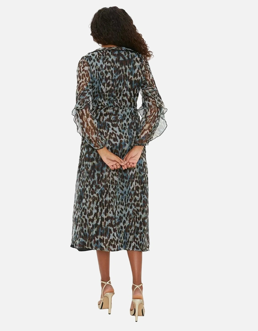 Womens/Ladies Animal Print Chiffon Ruffle Neck Midi Dress