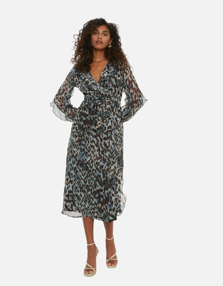 Womens/Ladies Animal Print Chiffon Ruffle Neck Midi Dress