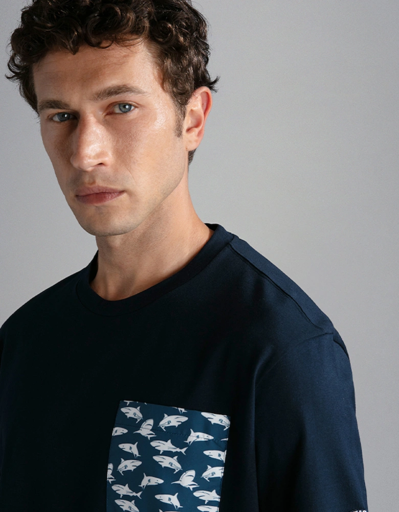 Cotton Jersey T-Shirt with Shark Print Pocket