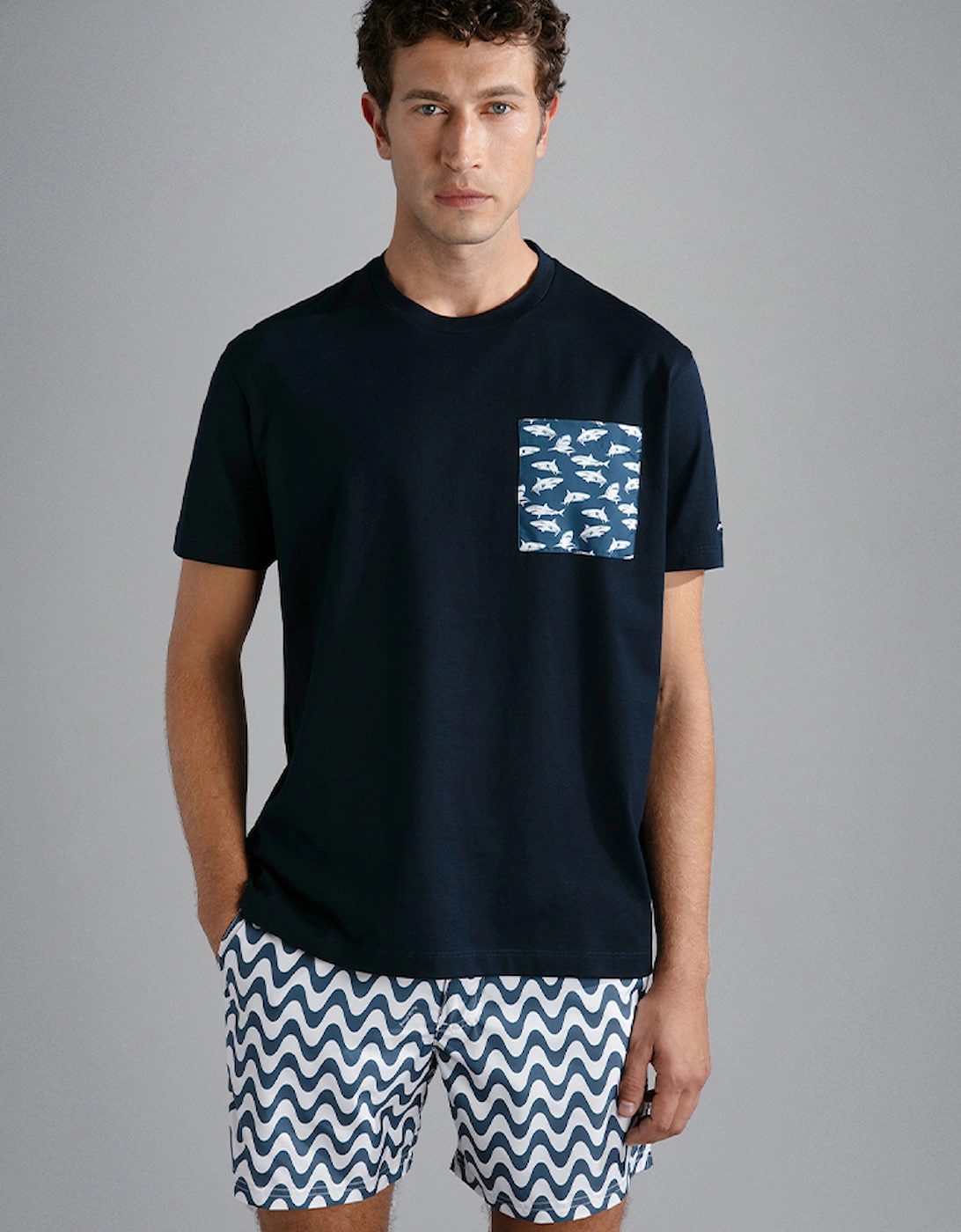 Cotton Jersey T-Shirt with Shark Print Pocket, 4 of 3