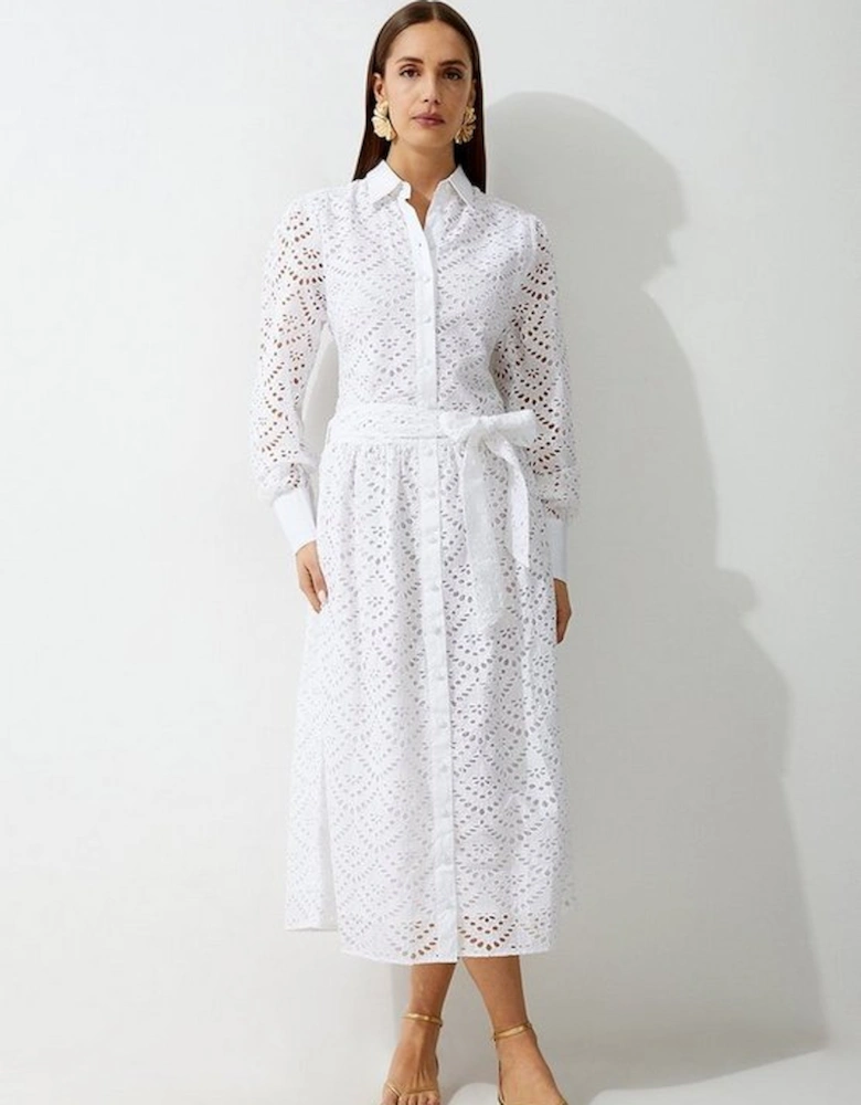 Cotton Broderie Woven Midi Shirt Dress