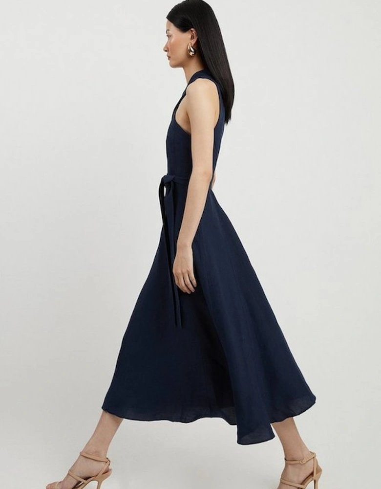 Petite Tailored Linen Halterneck Full Skirted Midi Dress