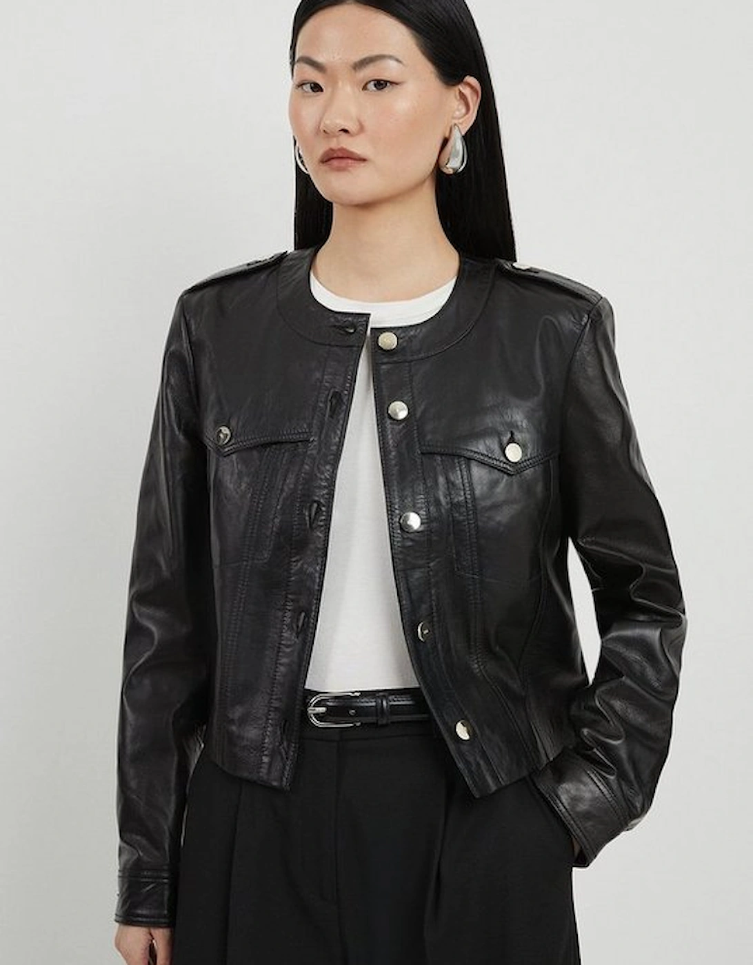 Leather Button Collarless Jacket, 4 of 3