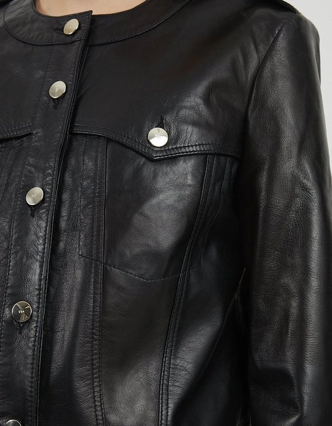 Leather Button Collarless Jacket