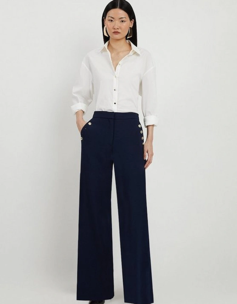 Compact Stretch Tailored Button Detail Wide Leg Trousers