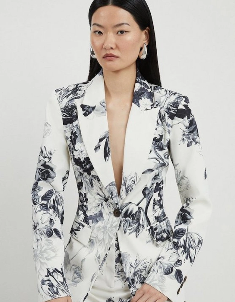 Tailored Crepe Printed Mono Floral Single Breasted Blazer
