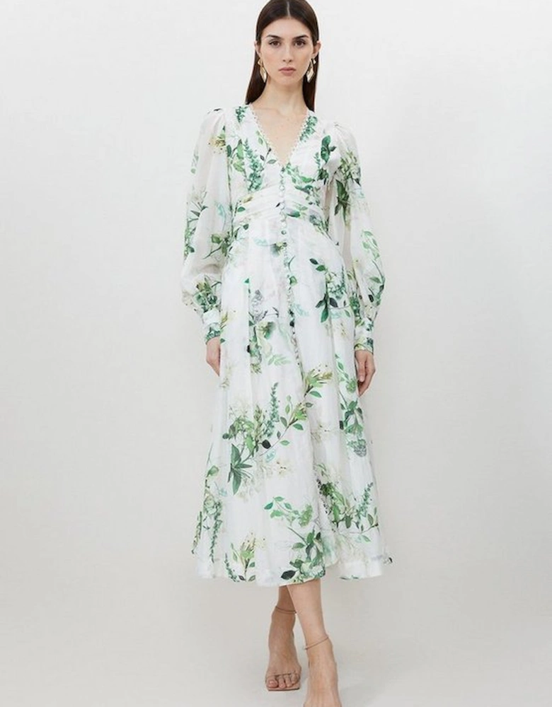 Silk Cotton Spring Floral Plunge Woven Maxi Dress