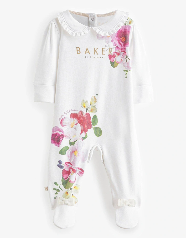 Baby White Floral Collared Sleepsuit