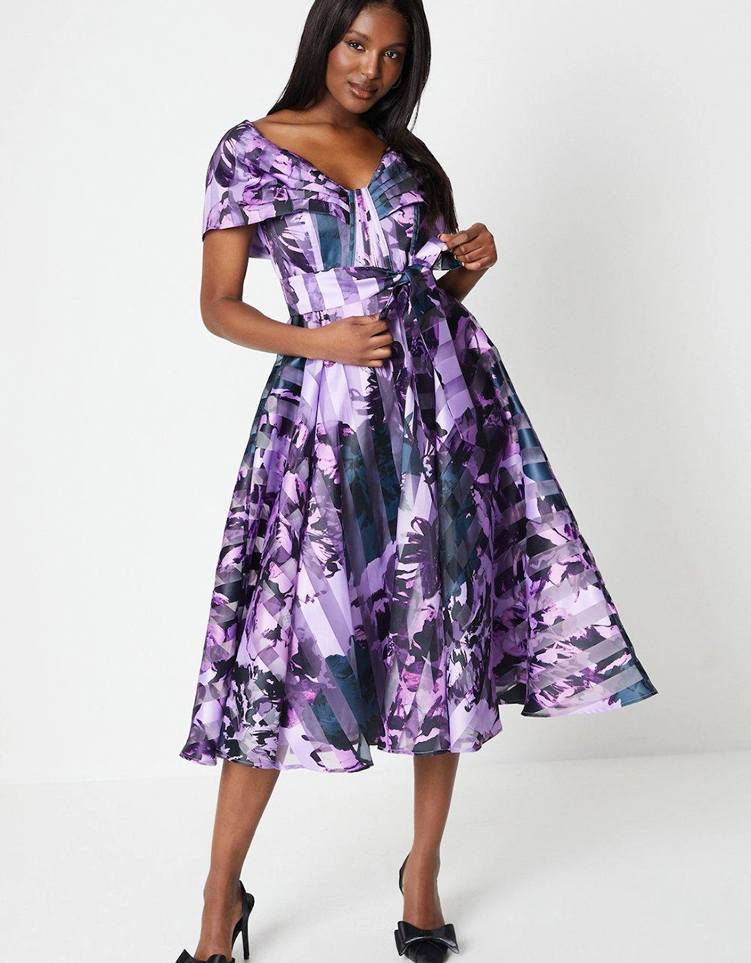 Bardot Detail Flare Skirt Printed Organza Midi Dress, 2 of 1