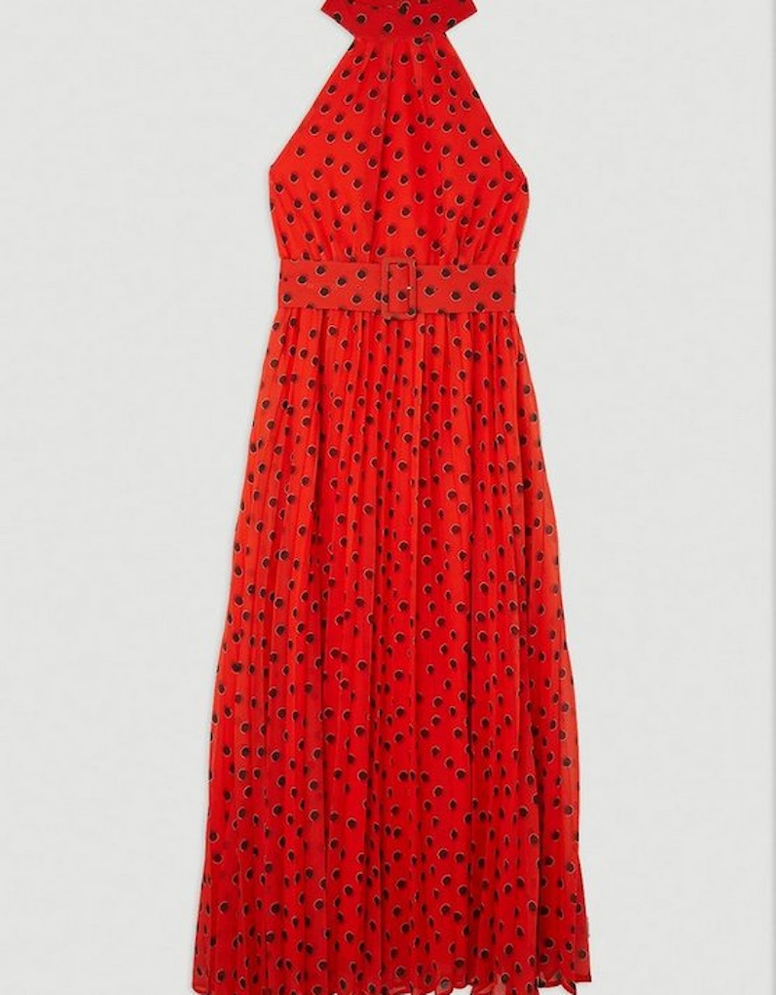 Spot Print Pleated Georgette Woven Halter Midi Dress