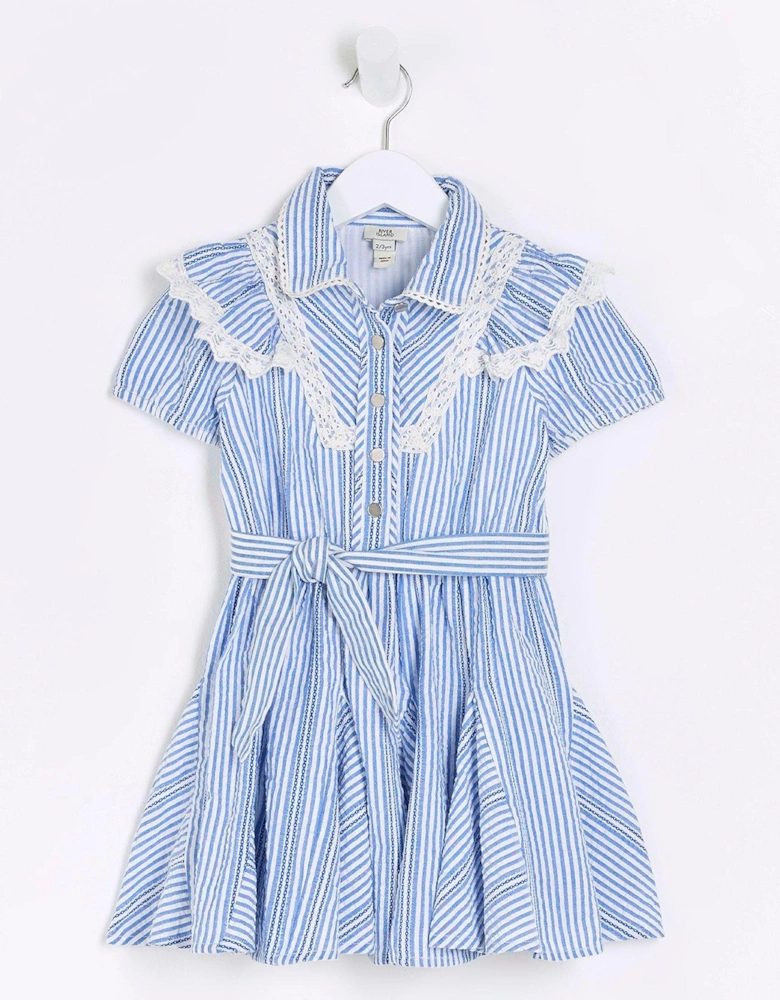 Mini Girls Stripe Belted Shirt Dress - Blue