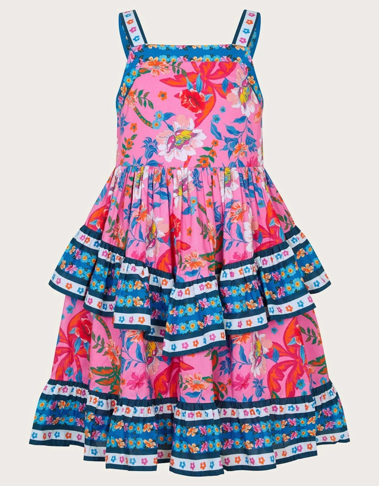 Girls Tropical Print Tiered Dress - Pink