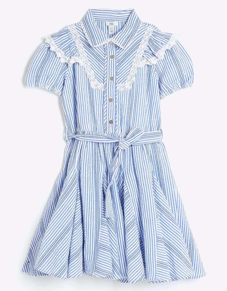 Girls Stripe Belted Shirt Dress - Blue