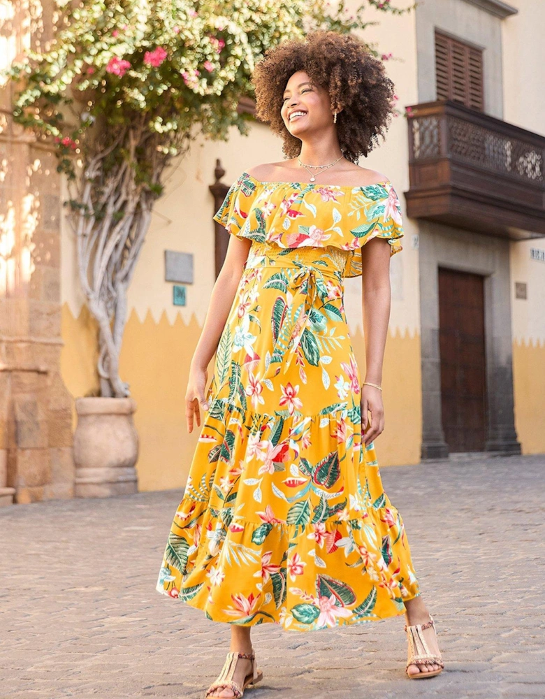 Tropical Print Bardot Midi Dress - Yellow