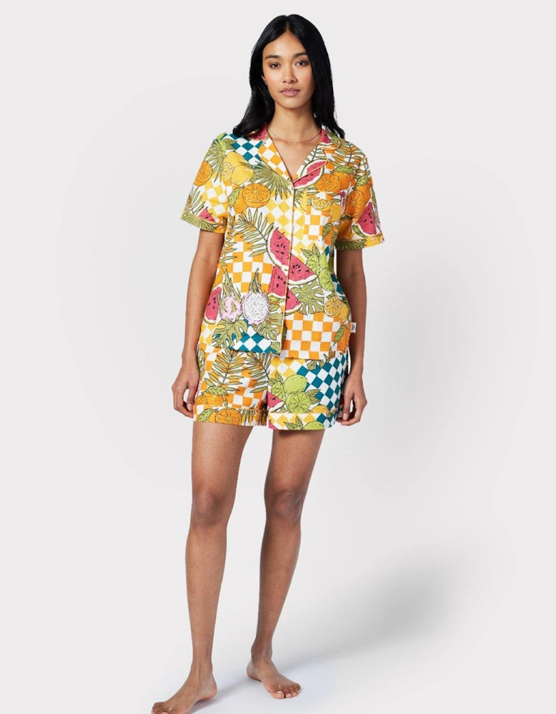 Linen-blend Fruit Checkerboard Print Short Pyjama Set - Multi
