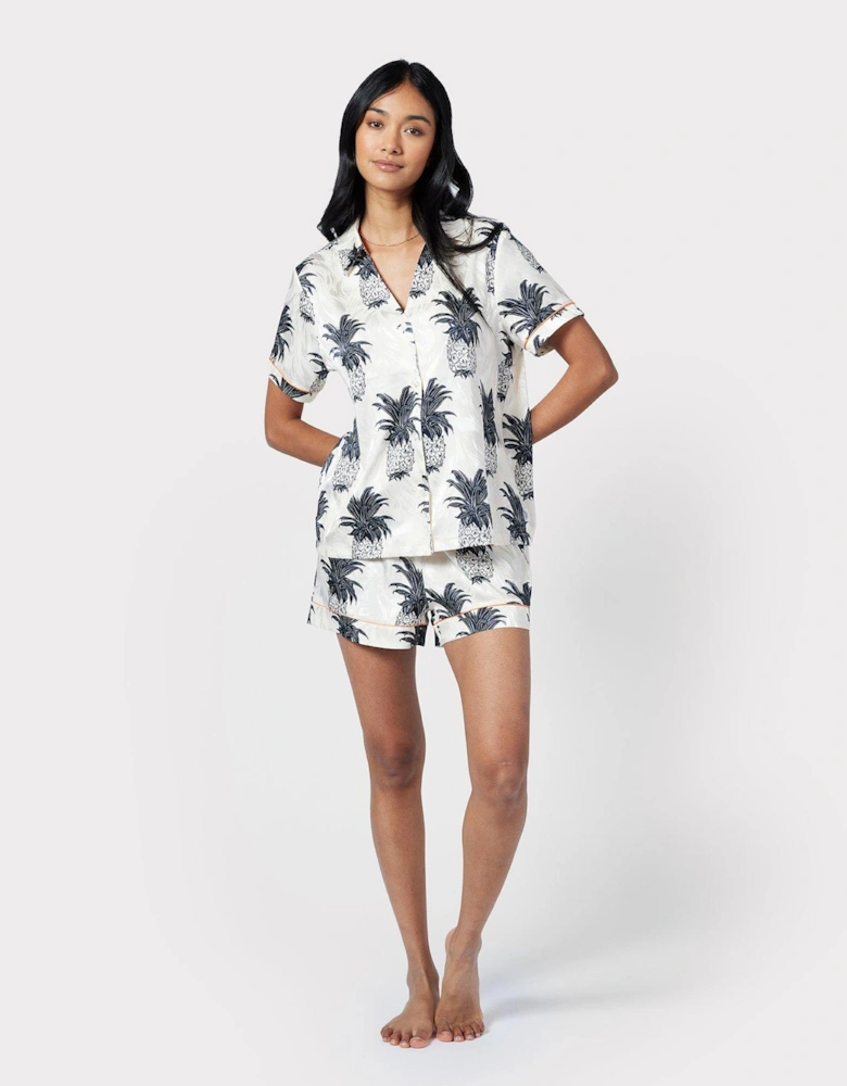Satin Jacquard Pineapple Short Pyjama Set - Off White