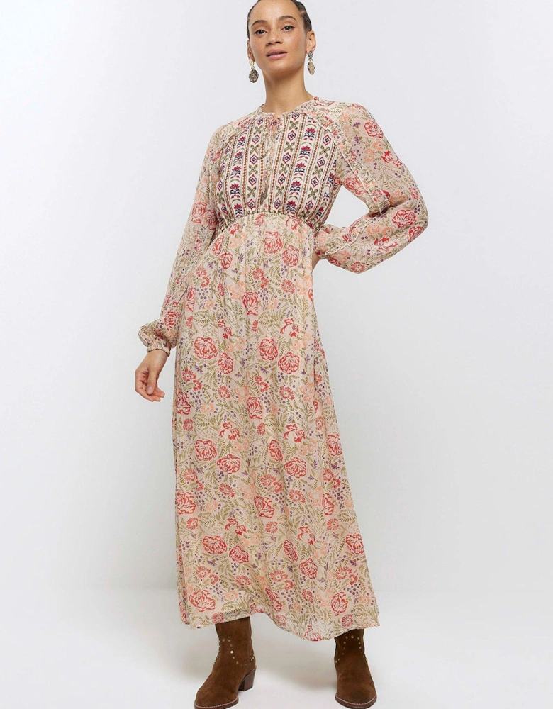 Floral Embroidered Smock Midi Dress
