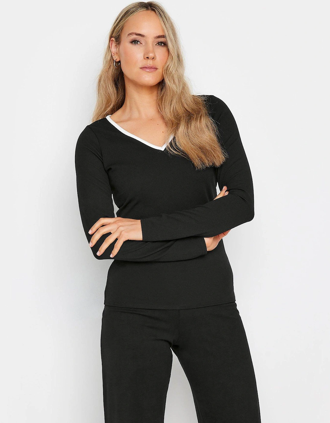 Tall Black Contrast V Neck Top, 2 of 1