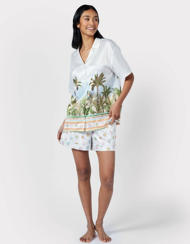 Satin Tropical Parrot Print Short Pyjama Set - Off White