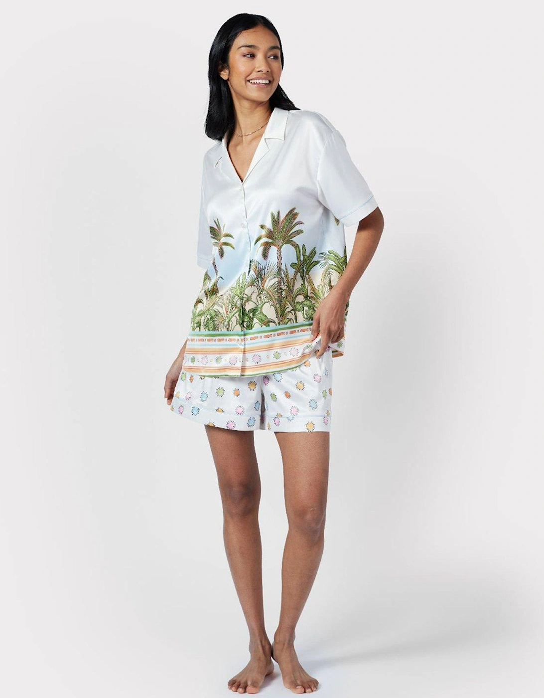Satin Tropical Parrot Print Short Pyjama Set - Off White, 2 of 1