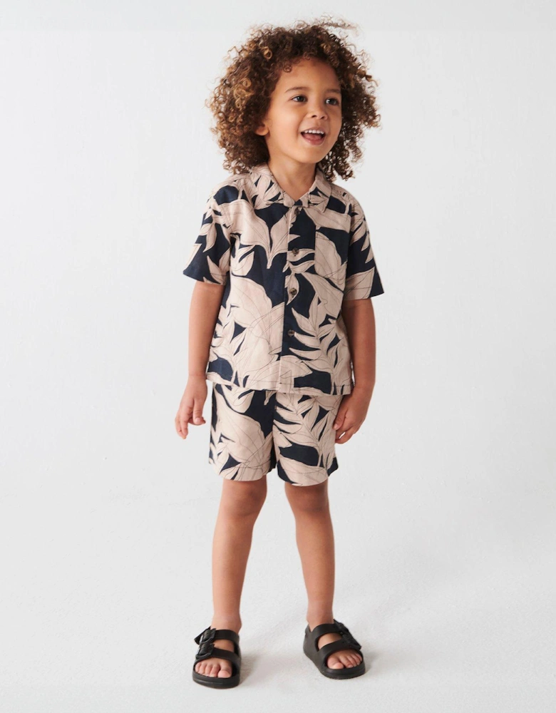 Mini Boys Leaf Print Shirt Set - Black