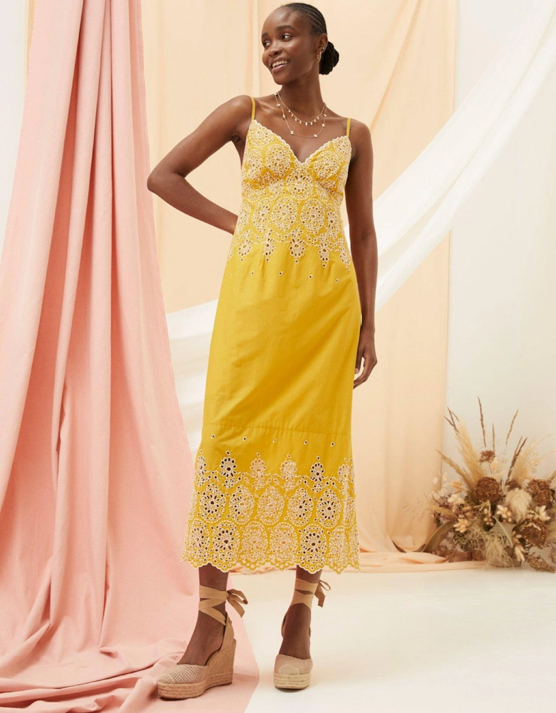 FatFace Daisy Broderie Midi Dress - Yellow