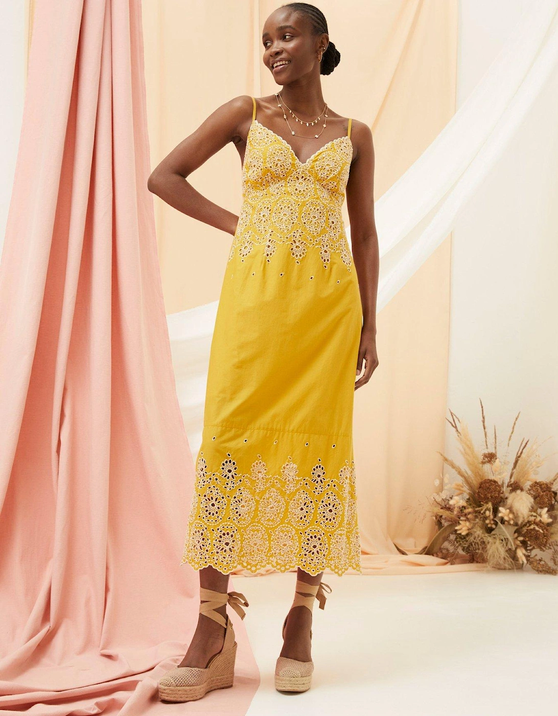 FatFace Daisy Broderie Midi Dress - Yellow, 3 of 2