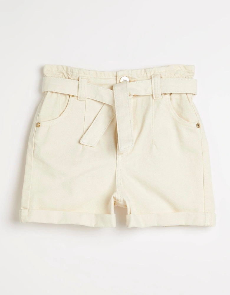 Girls Paperbag Belted Waist Shorts - Cream