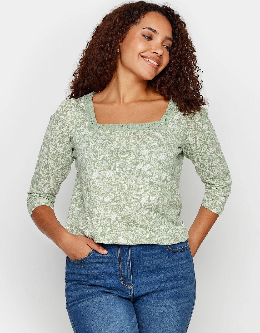 Navy Woodleaf Square Neck Cotton Lace Top, 2 of 1