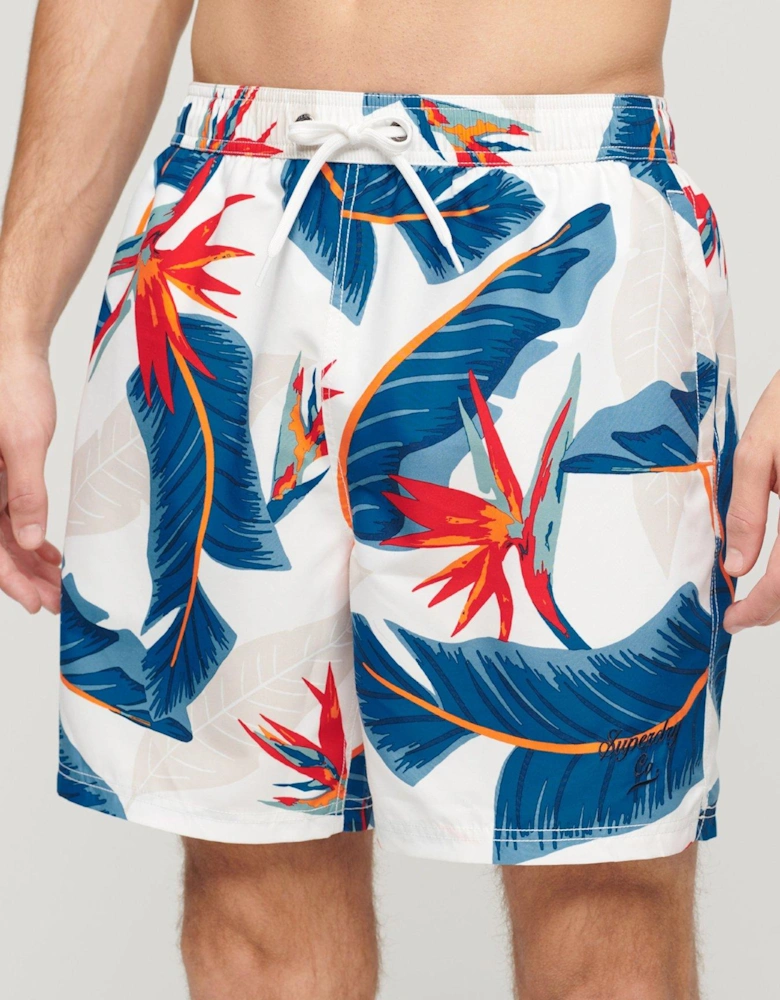 Hawaiian Print 17" Swim Shorts - White