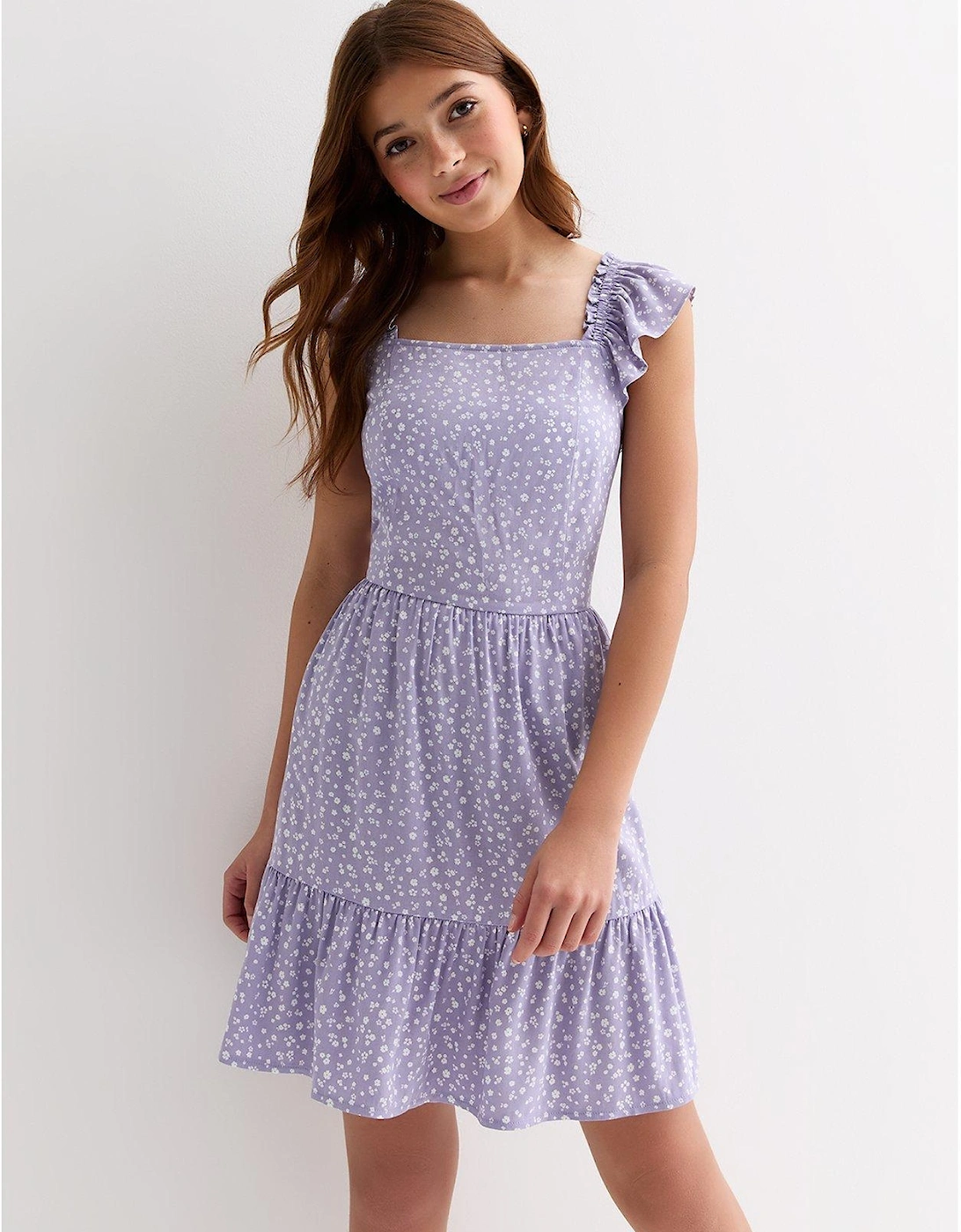 Girls Lilac Ditsy Floral Frill Dress, 2 of 1