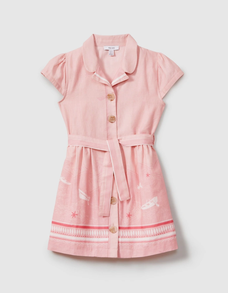 Cotton Linen Capped Sleeve Belted Dress