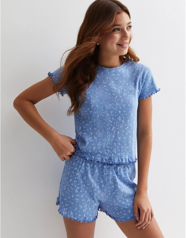 Girls Blue Ditsy Floral Pointelle Short Pyjama Set