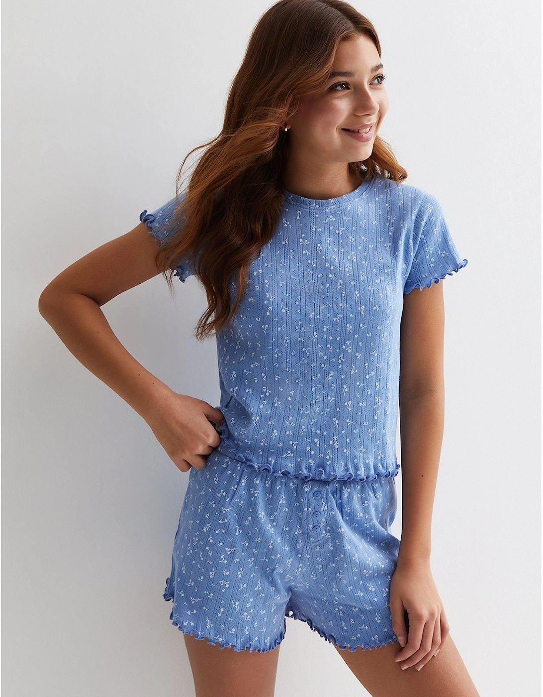 Girls Blue Ditsy Floral Pointelle Short Pyjama Set, 2 of 1