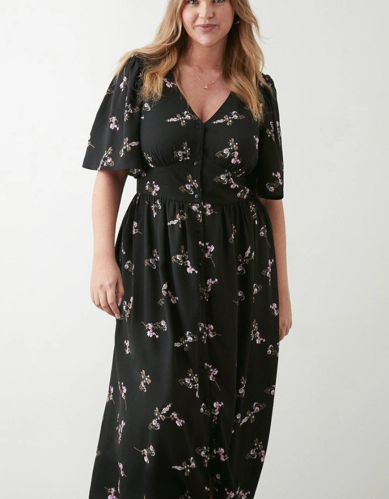 Womens/Ladies Spaced Floral Button Front Plus Midi Dress