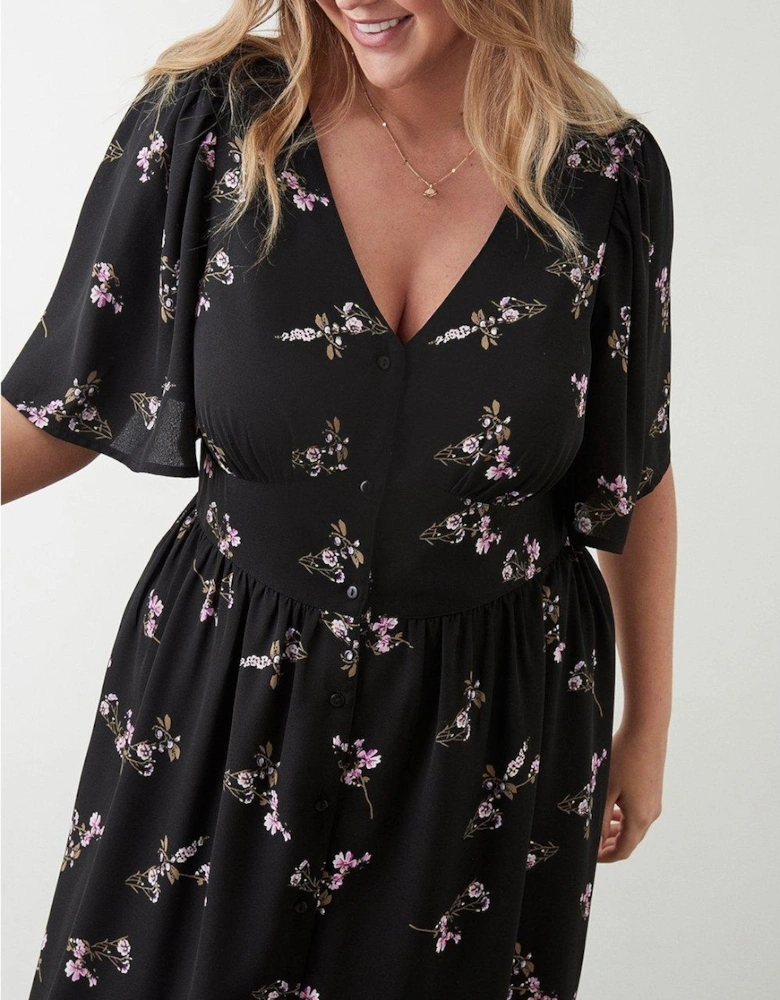 Womens/Ladies Spaced Floral Button Front Plus Midi Dress