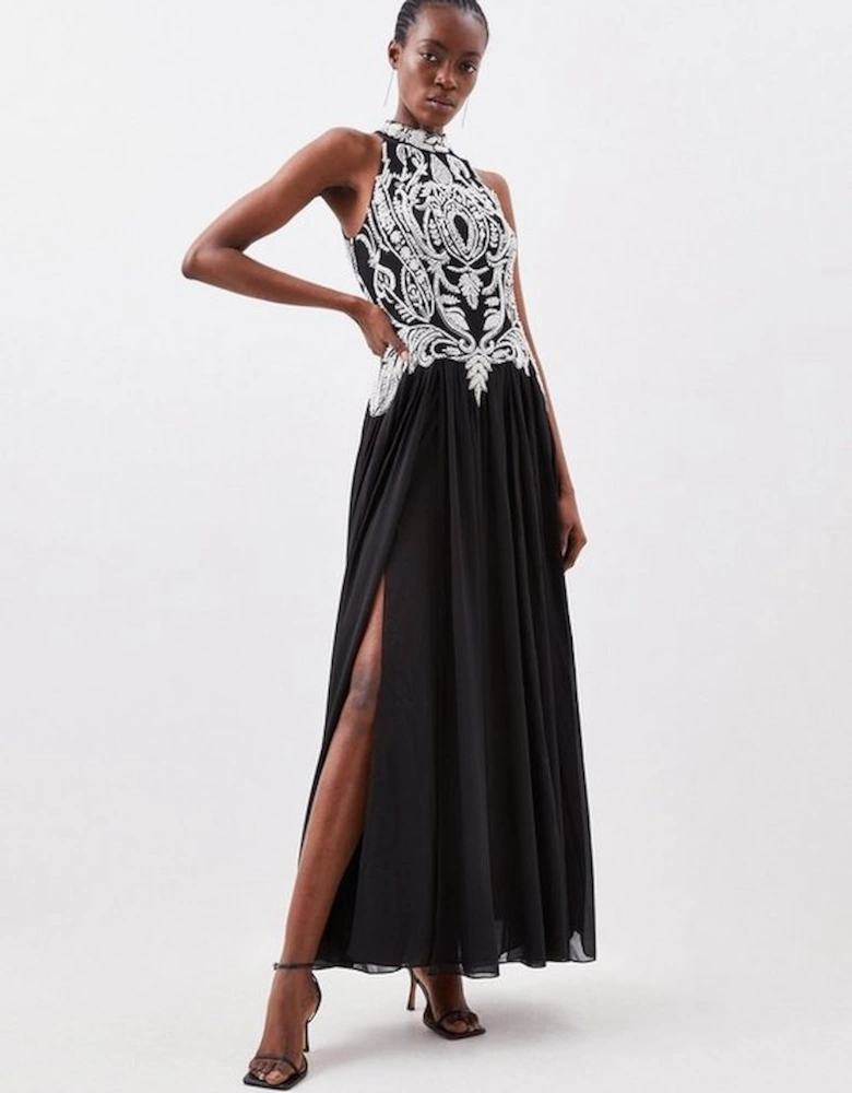 Crystal Embellished Halter Woven Maxi Dress