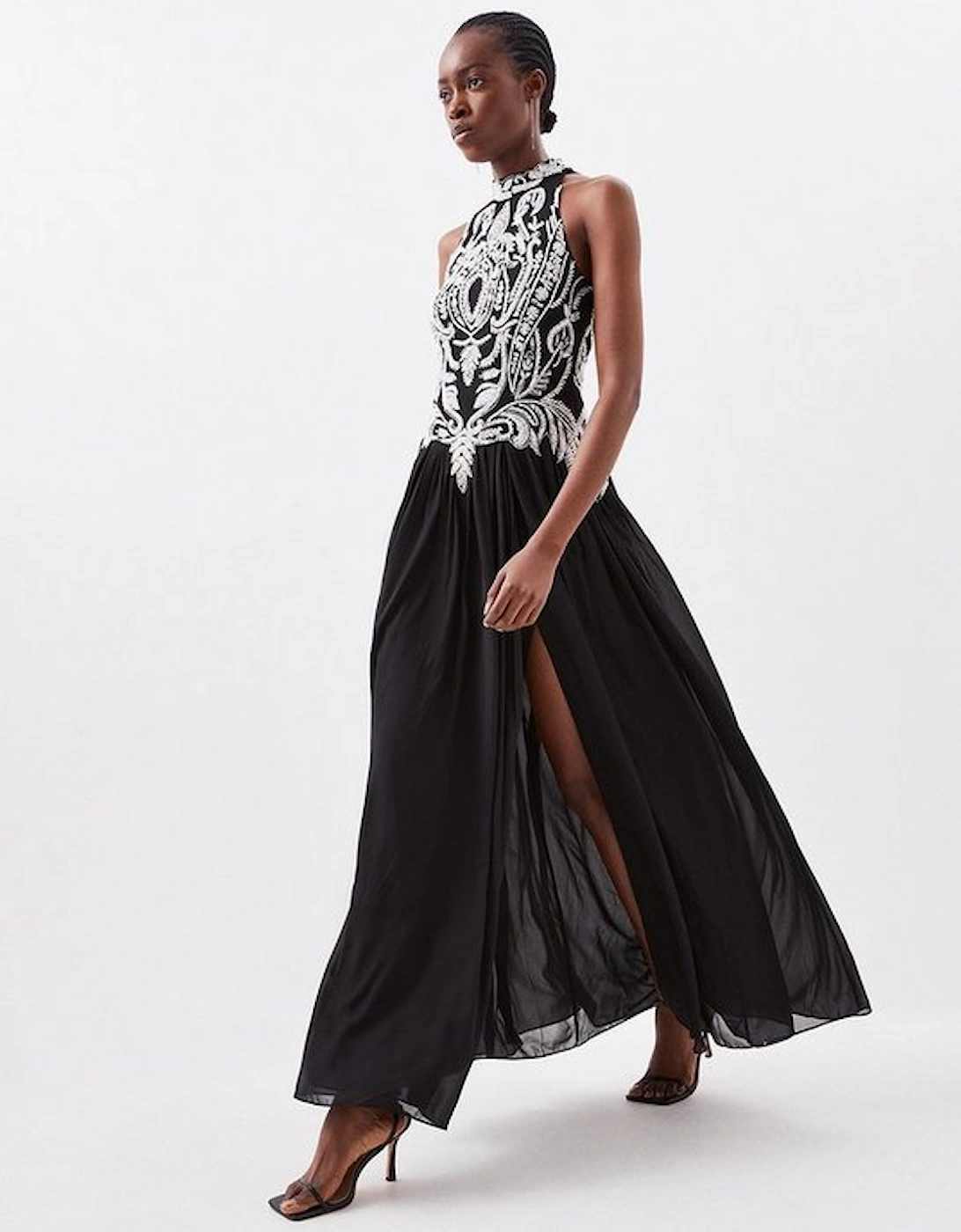 Crystal Embellished Halter Woven Maxi Dress